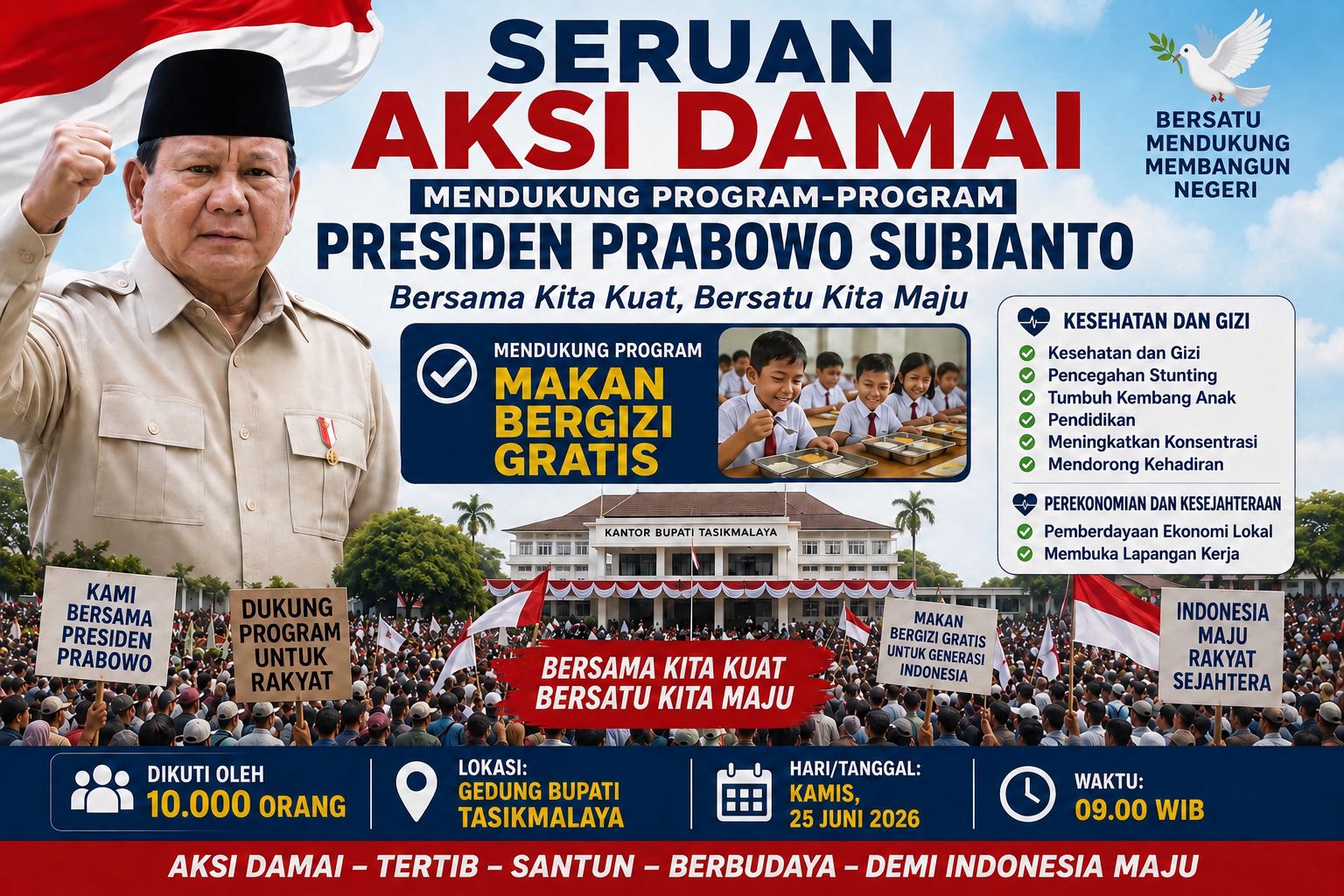 Ribuan masyarakat direncanakan mengikuti Seruan Aksi Damai untuk mendukung berbagai program Presiden Prabowo Subianto yang akan digelar di Gedung Bupati Tasikmalaya pada Kamis, 25 Juni 2026